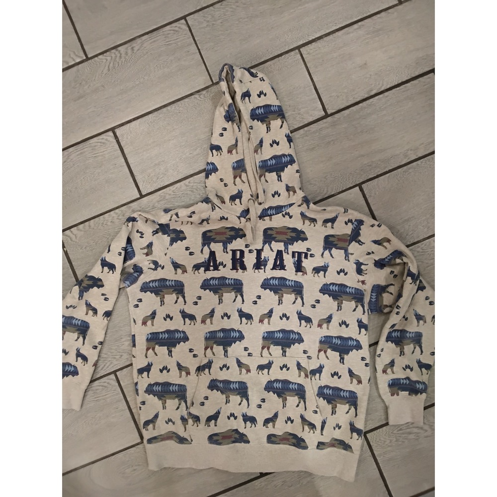 Ariat ReAL Womens XL Hoodie Southwestern Bison Wolf Print Fleece Pullover Cream - Picture 1 of 4